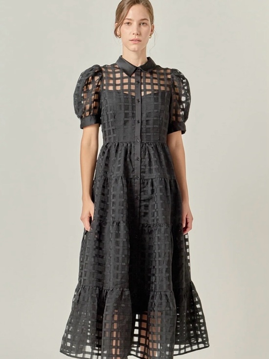 English Factory Dresses & Skirts - English Factory Black Checkered Sheer Tiered Maxi with Puff Sleeves
